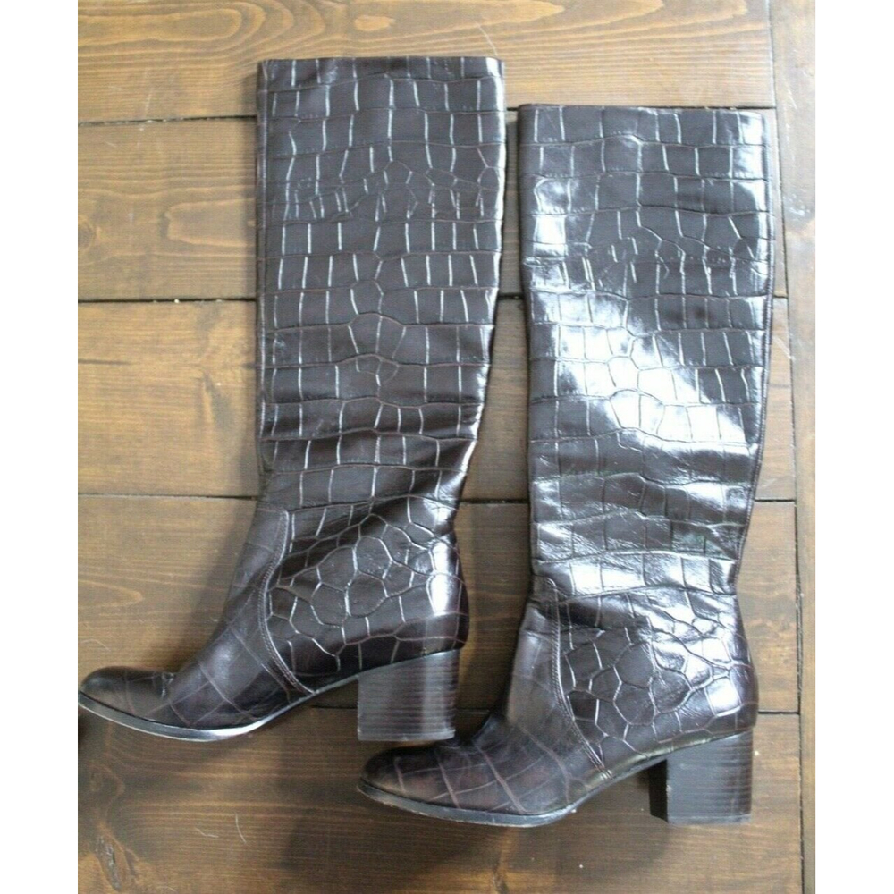 Elie Tahari Brown Crocodile Pattern Leather Knee High Boots Size 7.5 / 38